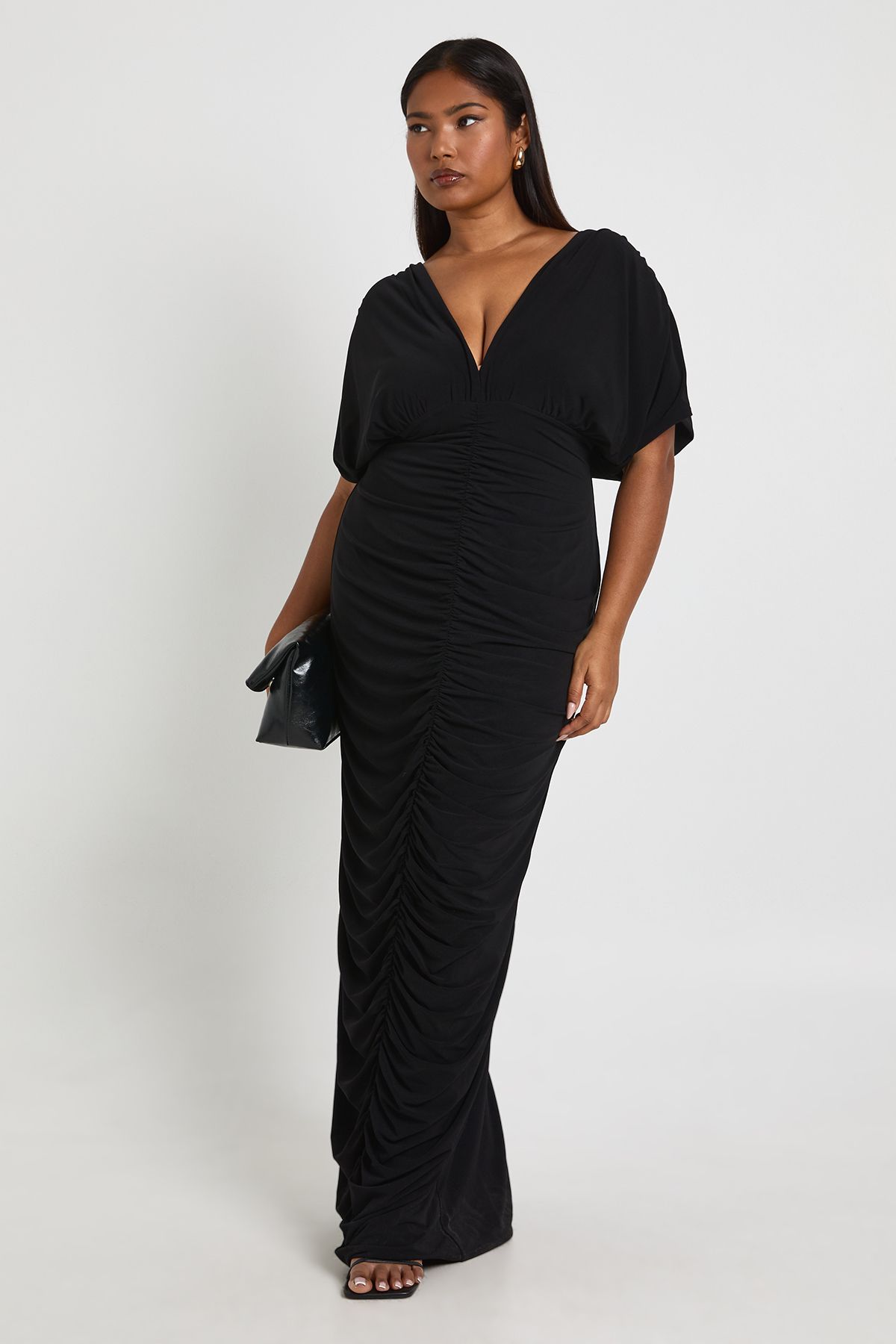 Plus Double Layer Ruched Plunge Batwing Maxi Dress