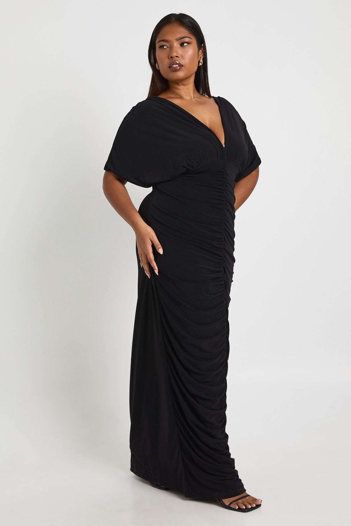 Plus Double Layer Ruched Plunge Batwing Maxi Dress - Image 3