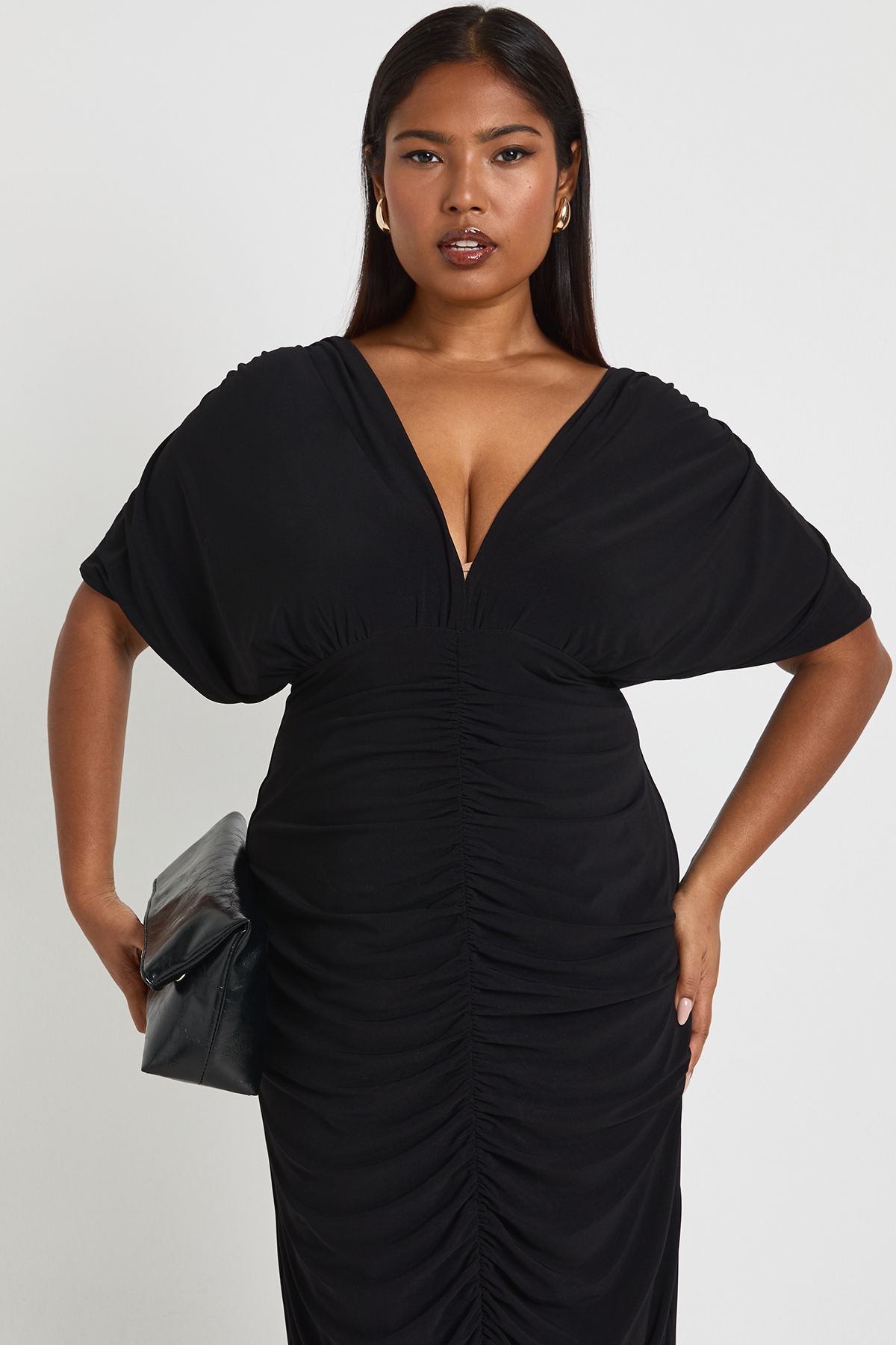 Plus Double Layer Ruched Plunge Batwing Maxi Dress - Image 4