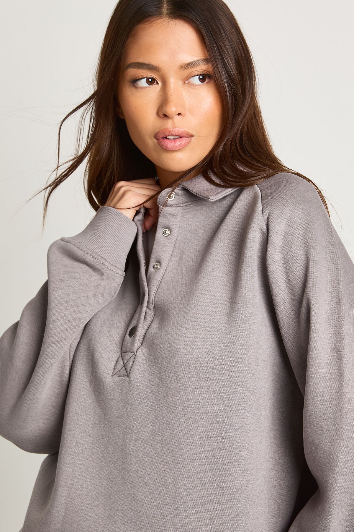 Collared Popper Oversized Washed Sweatshirt - Image 4