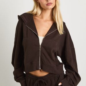 Washed Boxy Balloon Sleeve Oversized Zip Through Hoodie