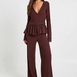 Textured Wrap Detail Long Sleeve Top And Trouser Set