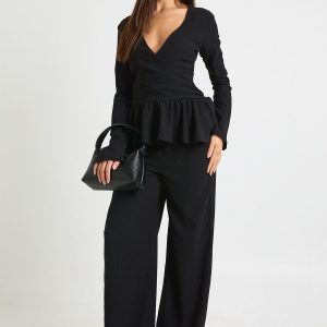 Textured Wrap Detail Long Sleeve Top And Trouser Set