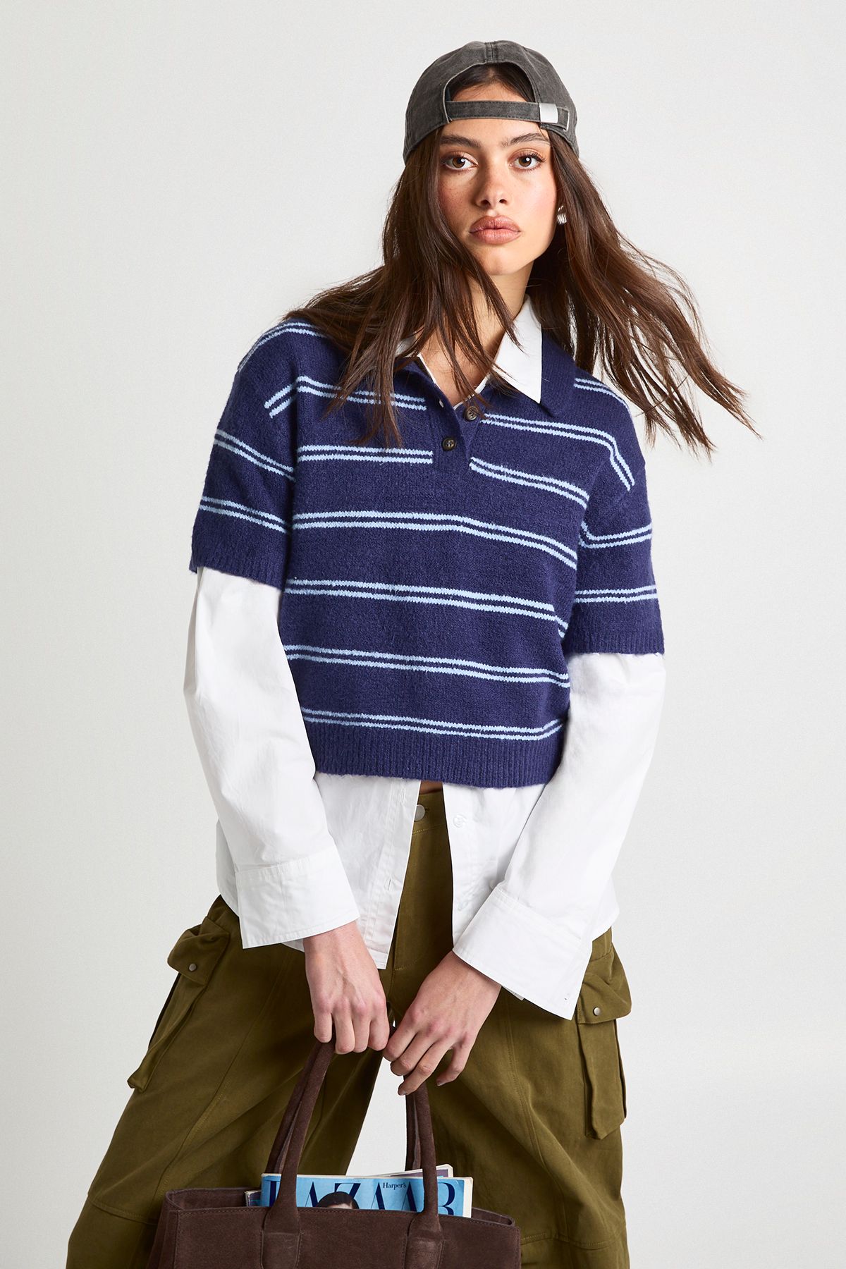 Stripe Collared Oversized Knitted Top