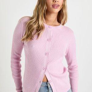 Rib Knit High Neck Button Down Knitted Cardigan