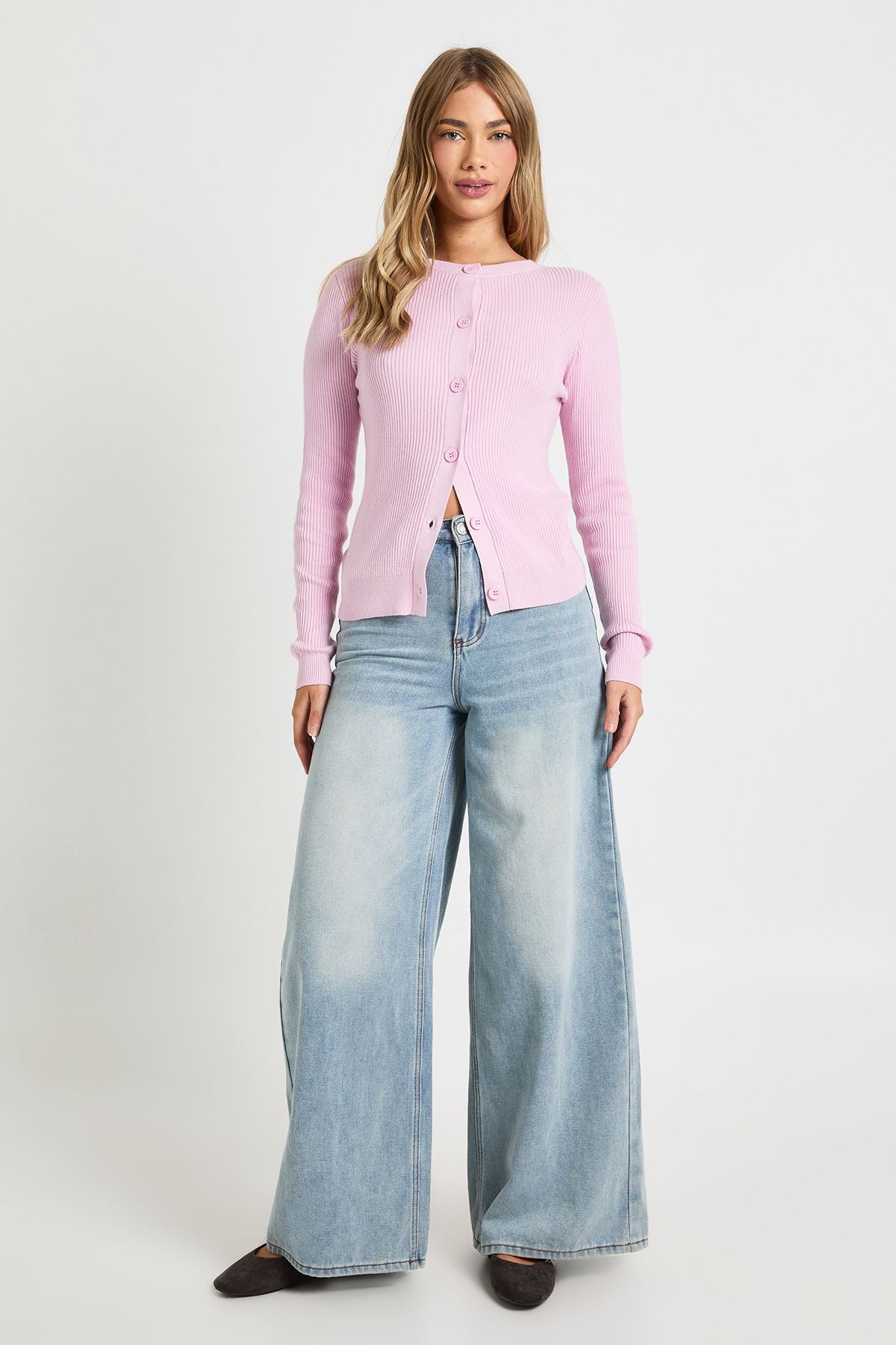 Rib Knit High Neck Button Down Knitted Cardigan - Image 3