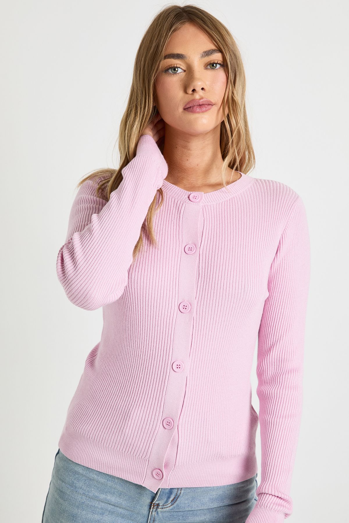 Rib Knit High Neck Button Down Knitted Cardigan - Image 4