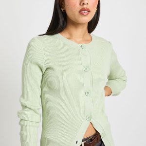 Rib Knit High Neck Button Down Knitted Cardigan