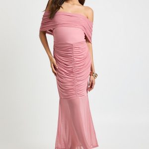 Maternity Ruched Bardot Mesh Hem Midaxi
