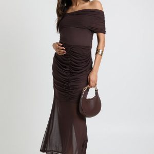 Maternity Ruched Bardot Mesh Hem Midaxi