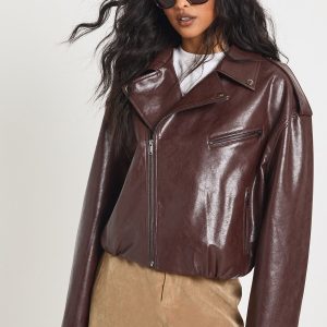 Faux Leather Bubble Hem Biker Jacket