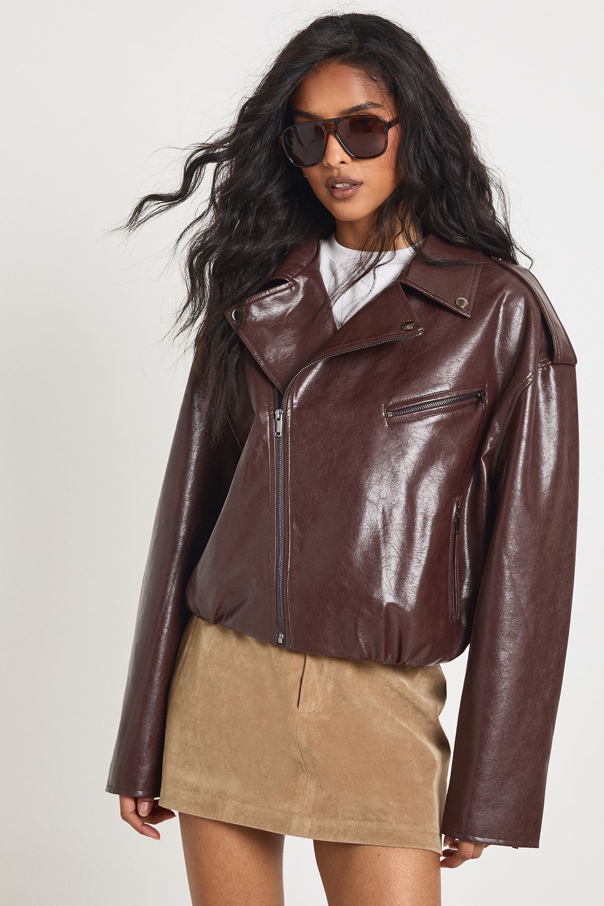 Faux Leather Bubble Hem Biker Jacket