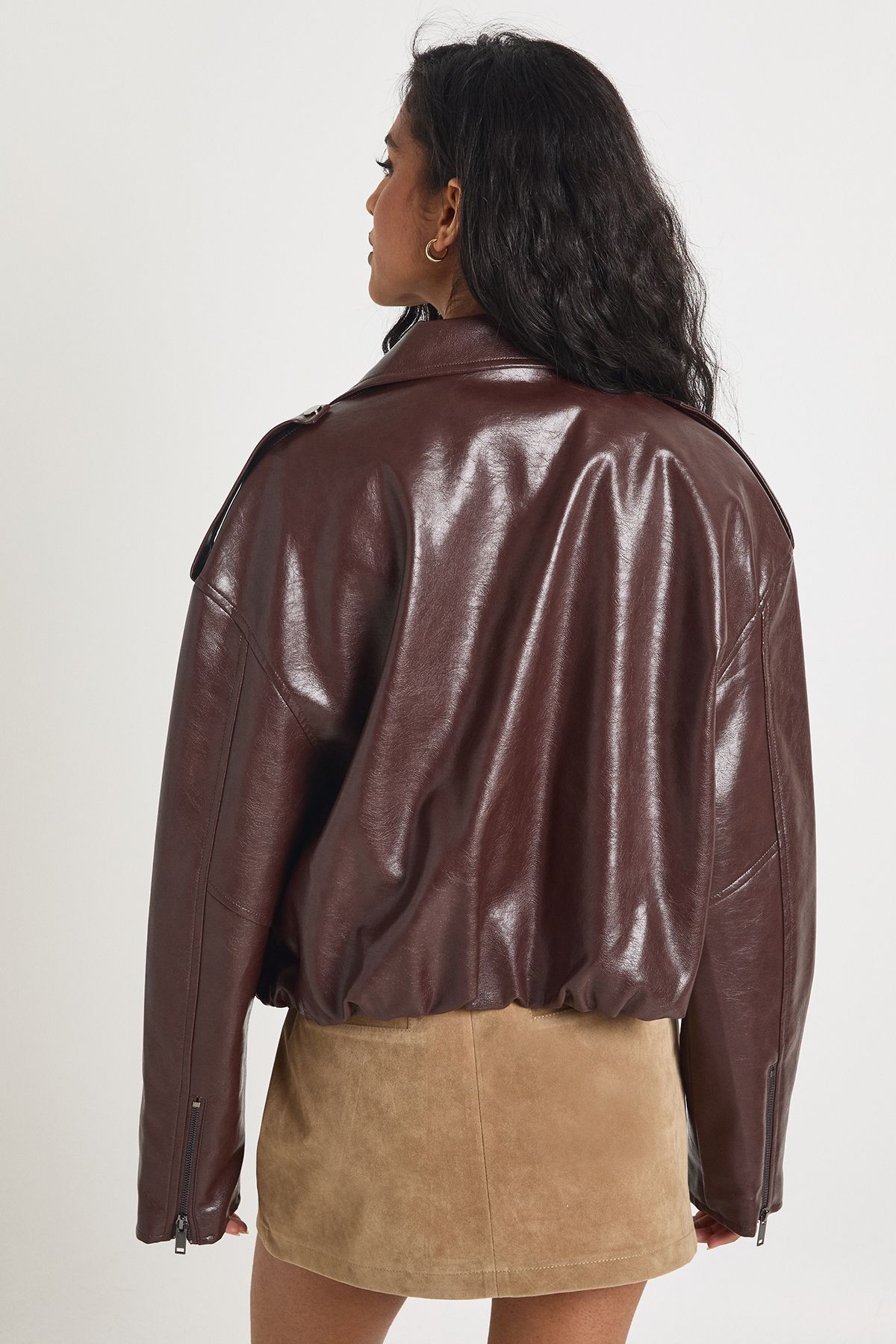 Faux Leather Bubble Hem Biker Jacket - Image 2