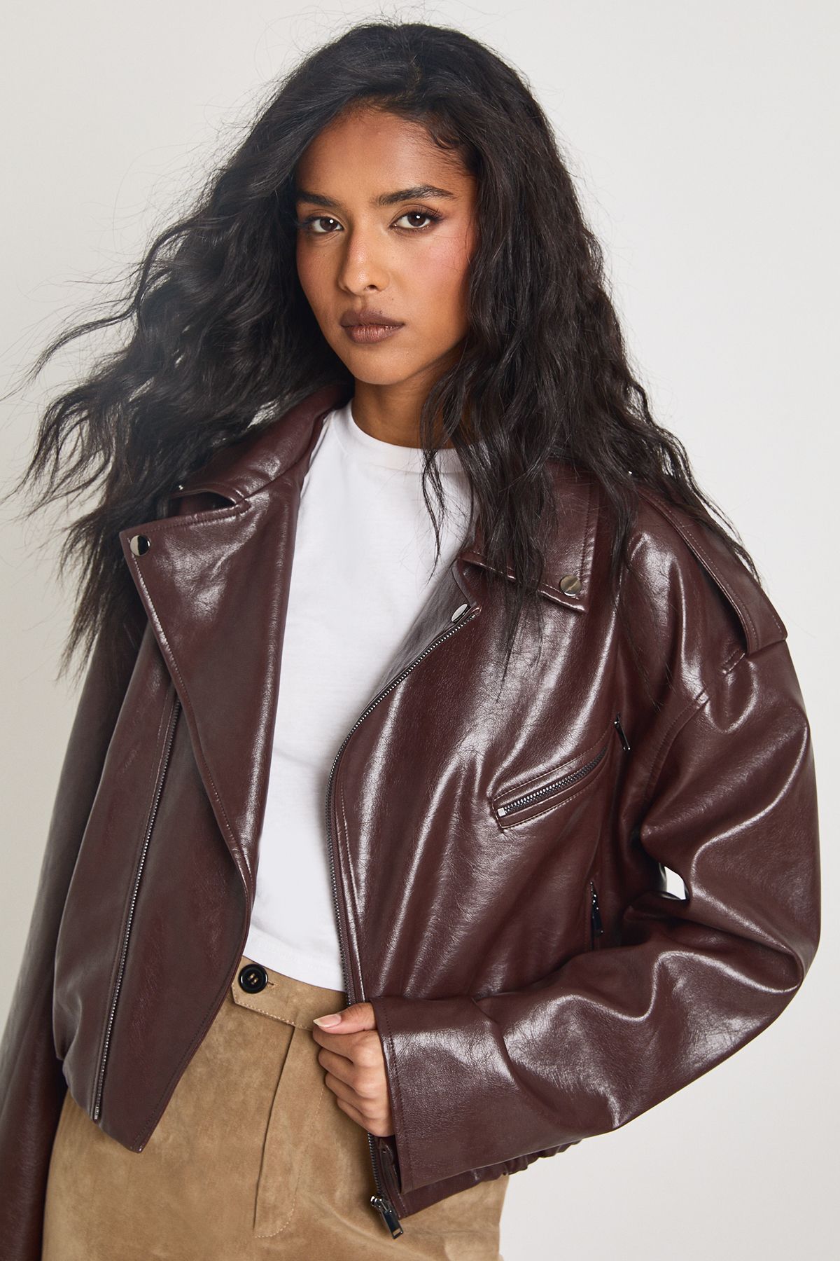 Faux Leather Bubble Hem Biker Jacket - Image 3