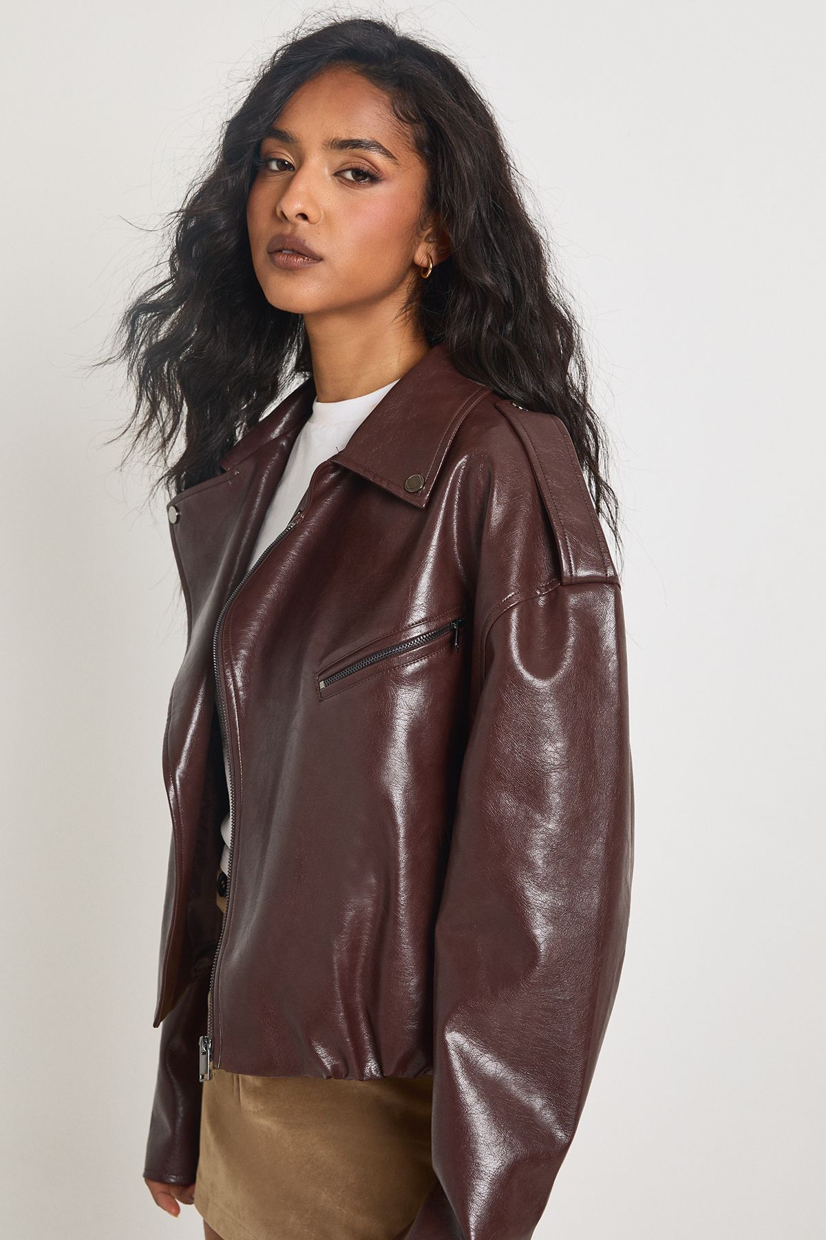 Faux Leather Bubble Hem Biker Jacket - Image 4