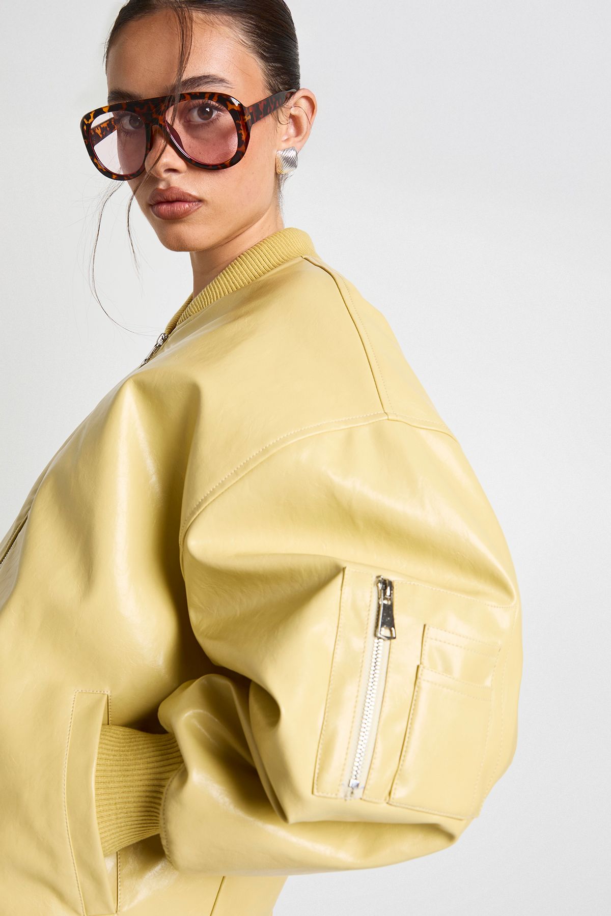 Patent Faux Leather Oversized Bomber Jacket - Image 4