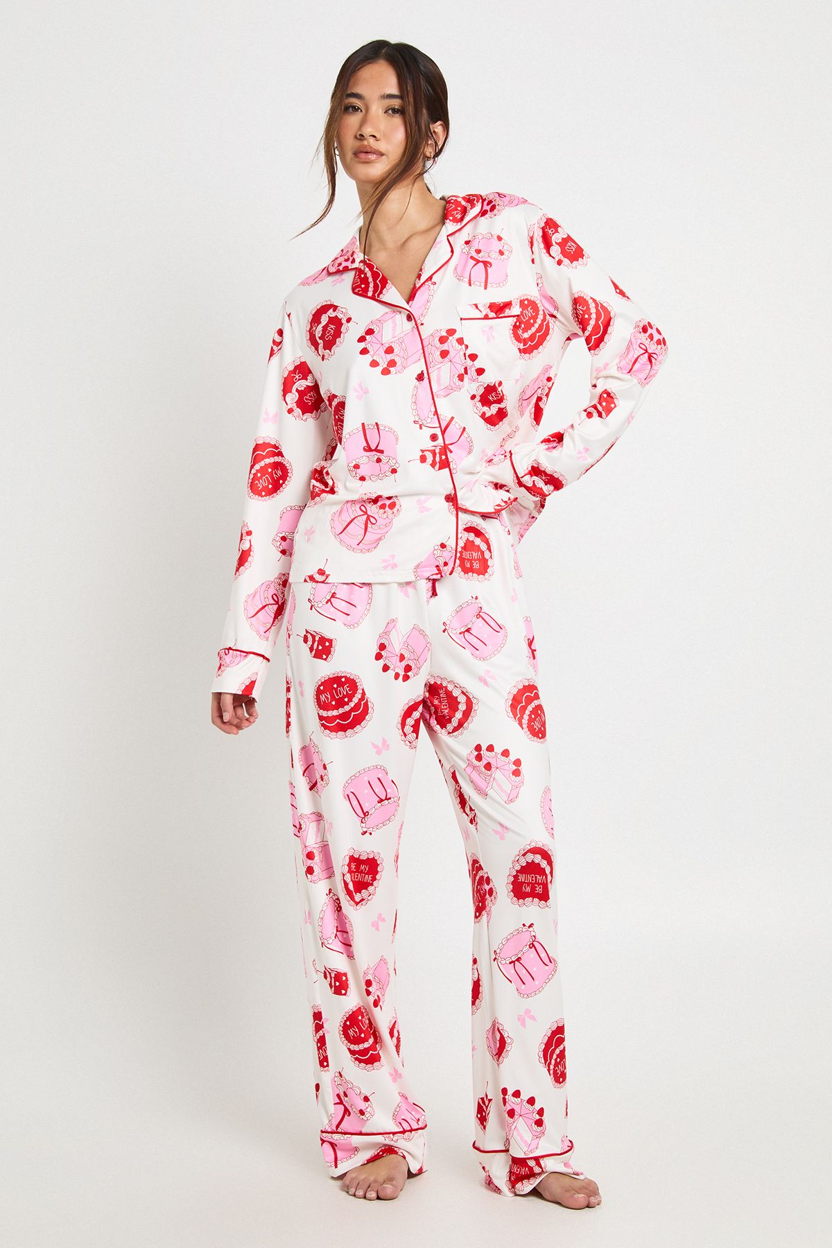 Valentines Cake Print Long Sleeve Shirt & Trouser 3 Piece Pyjama Set