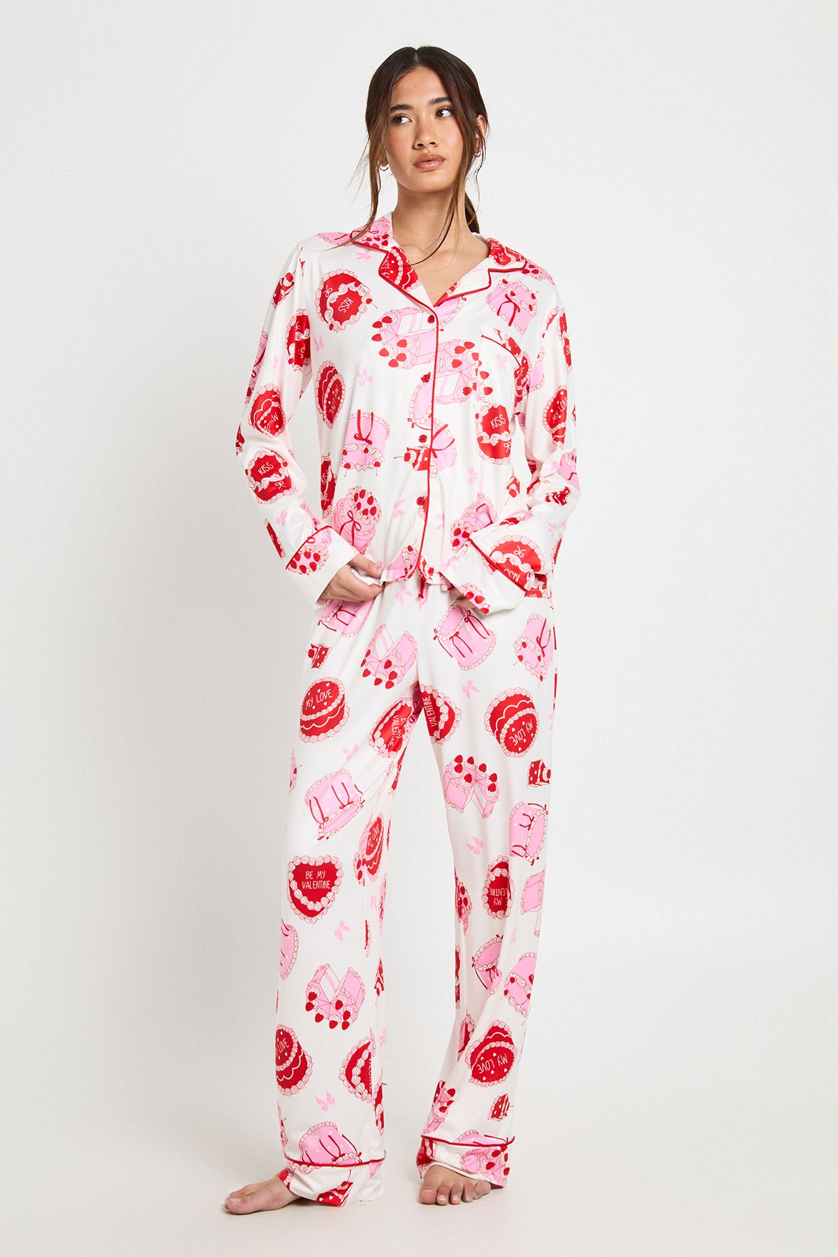Valentines Cake Print Long Sleeve Shirt & Trouser 3 Piece Pyjama Set - Image 3