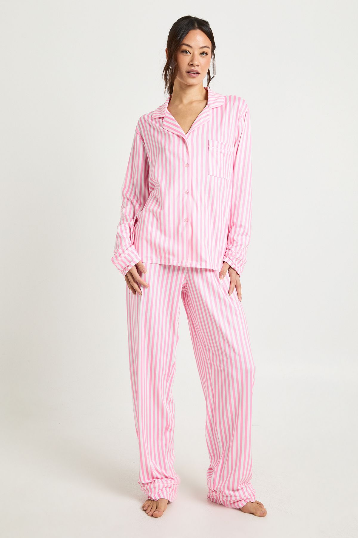 Tall Candy Stripe Long Sleeve Shirt & Trouser 3 Piece Pyjama Set