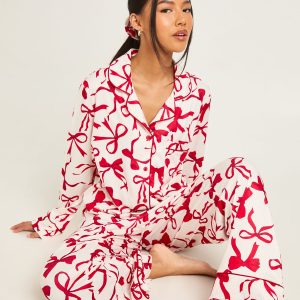 Petite Oversized Bow Print Long Sleeve Shirt & Trouser 3 Piece Pyjama Set