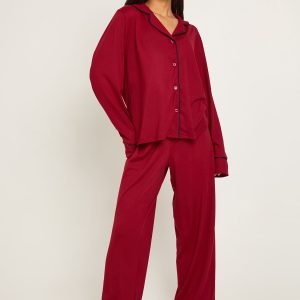 Petite Piping Detail Long Sleeve Shirt & Trouser Pyjama Set