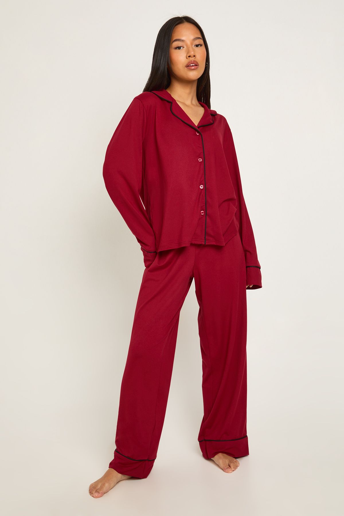 Petite Piping Detail Long Sleeve Shirt & Trouser Pyjama Set