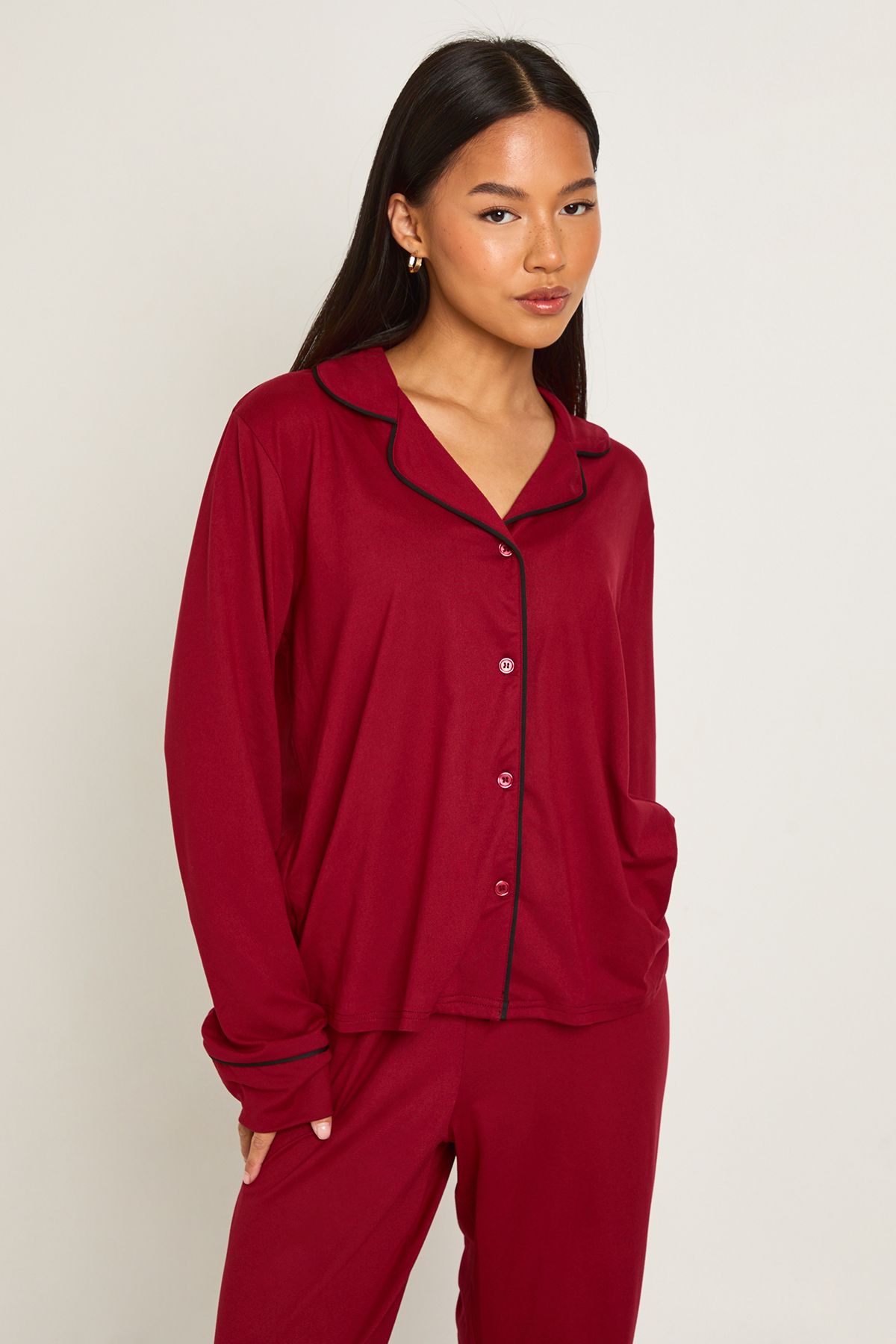 Petite Piping Detail Long Sleeve Shirt & Trouser Pyjama Set - Image 3
