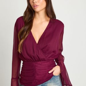 Chiffon Flute Sleeve Wrap Blouse