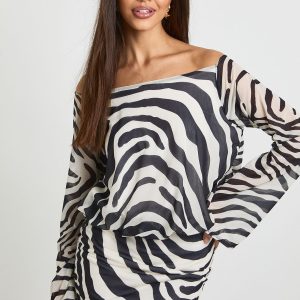 Zebra Printed Long Sleeve Cowl Back Mini Dress
