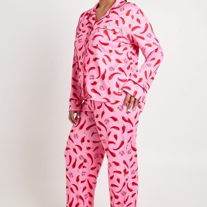Plus Valentines 3 Piece Chill Print Long Sleeve Shirt & Trouser Pyjama Set