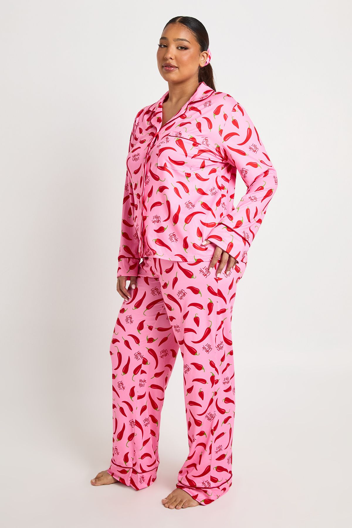 Plus Valentines 3 Piece Chill Print Long Sleeve Shirt & Trouser Pyjama Set
