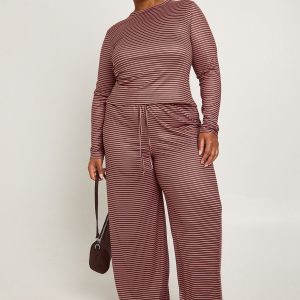 Plus Stripe Long Sleeve Fitted Top And Wide Leg Trouser