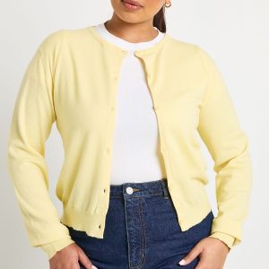Plus Rib Knit Crew Neck Button Through Cardigan