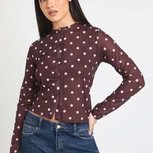 Polka Dot Print Mesh Button Through Top
