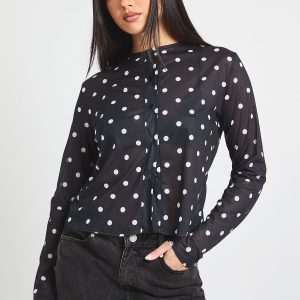 Polka Dot Print Mesh Button Through Top