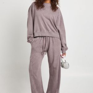 Washed Ribbed Detail Straight Leg Tracksuit