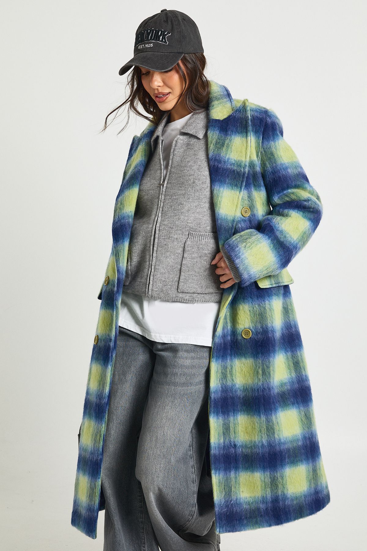 Check Double Breast Wool Look Coat - Image 3