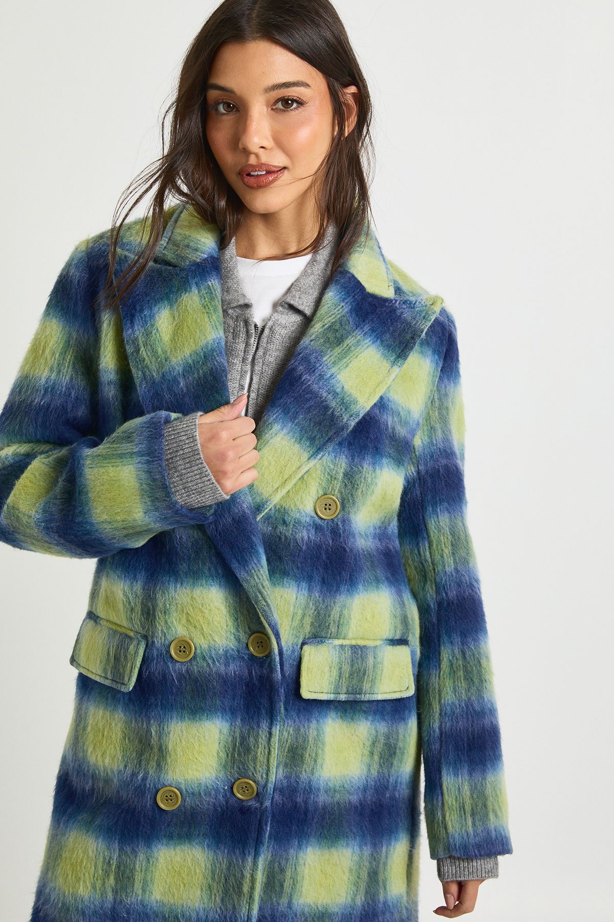 Check Double Breast Wool Look Coat - Image 4