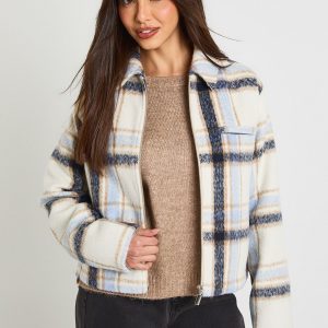 Check Zip Wool Look Jacket