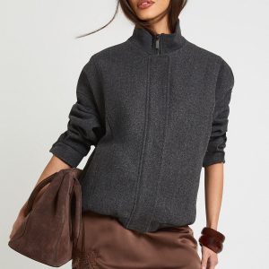 Funnel Neck Wool Look Bomber Jacket