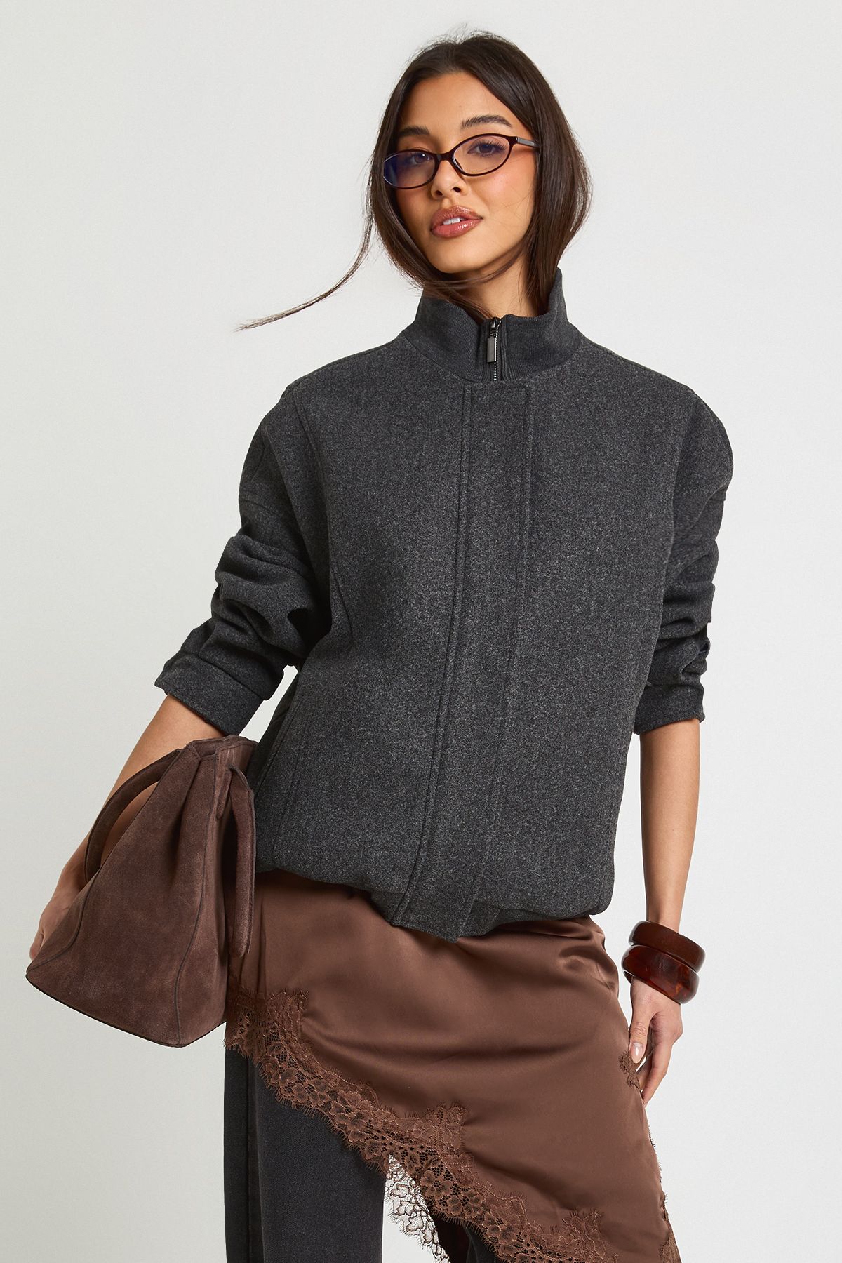 Funnel Neck Wool Look Bomber Jacket