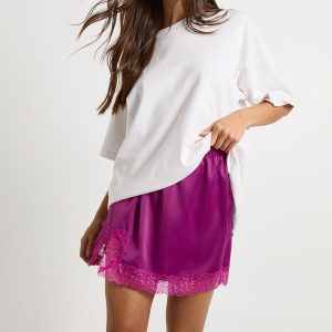 Satin Lace Trim Mini Skirt