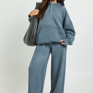 Washed Henley Neck Oversized Hoodie Tracksuit