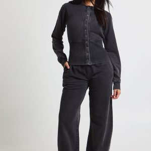 Washed Deep Hem Popper Bomber Sweatshirt Tracksuit