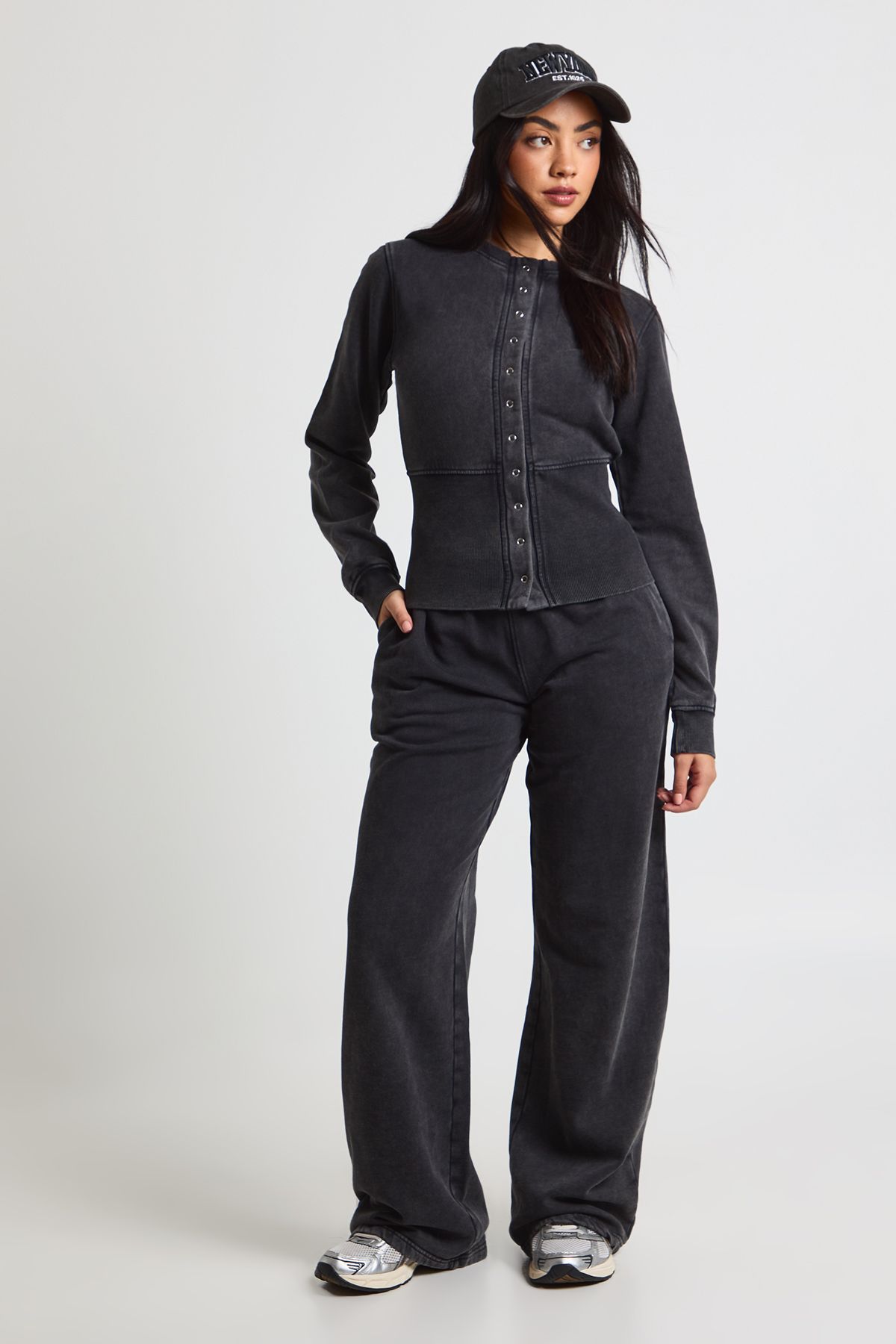 Washed Deep Hem Popper Bomber Sweatshirt Tracksuit