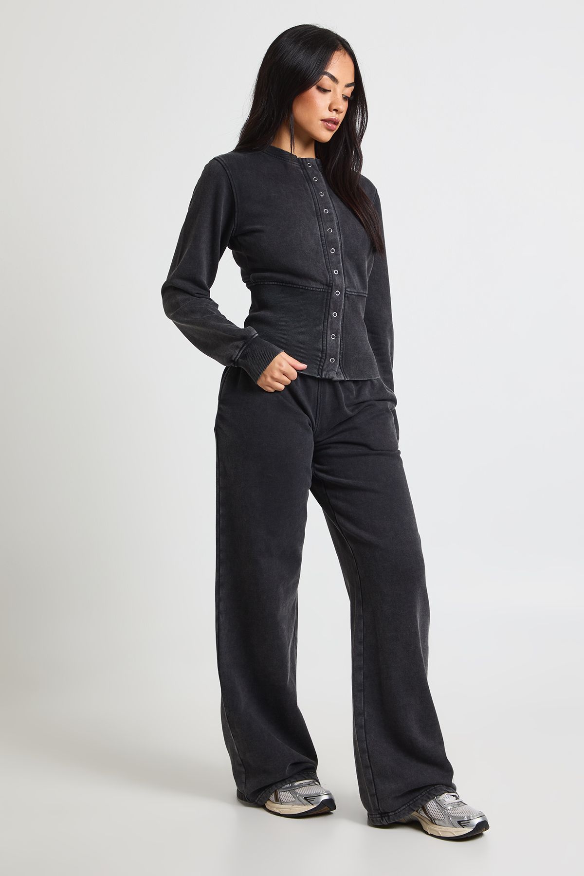 Washed Deep Hem Popper Bomber Sweatshirt Tracksuit - Image 2