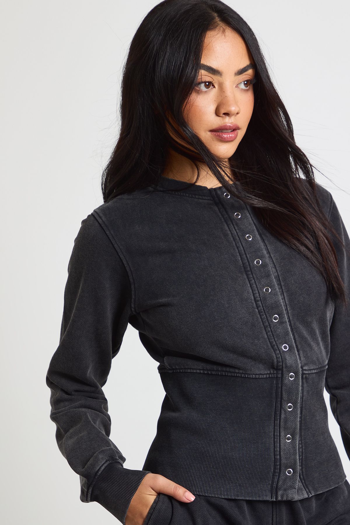 Washed Deep Hem Popper Bomber Sweatshirt Tracksuit - Image 4