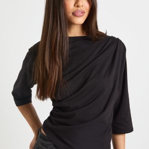 Asymmetric Hem Cinched Waist 3/4 Sleeve T-shirt