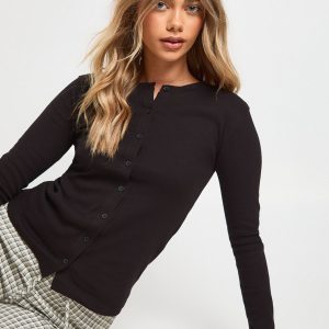 Rib Button Through Long Sleeve Top