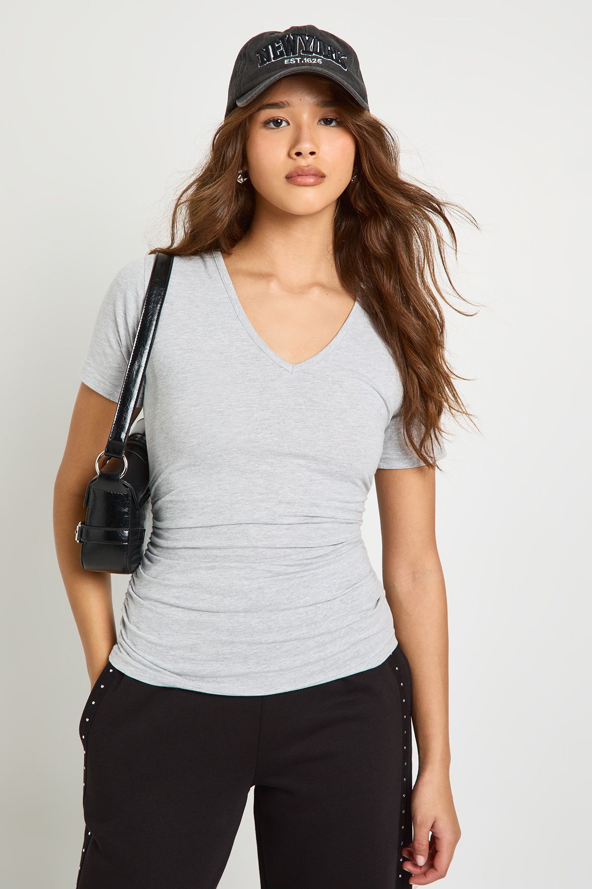 V Neck Ruched Waist Short Sleeve T-Shirt